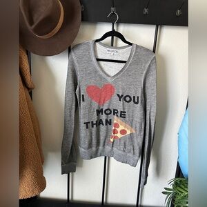Wildfox grey I love you more than pizza graphic pullover v neck sweatshirt